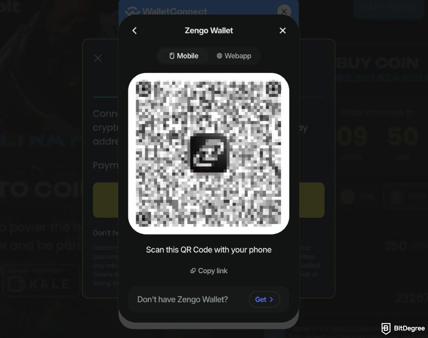 Where to buy JetBolt crypto: Zengo Wallet QR code.