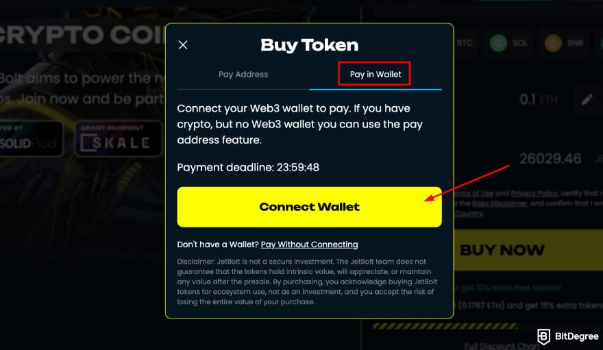 Where to buy JetBolt crypto: the [Connect Wallet] button under the Pay in Wallet section on JetBolt.