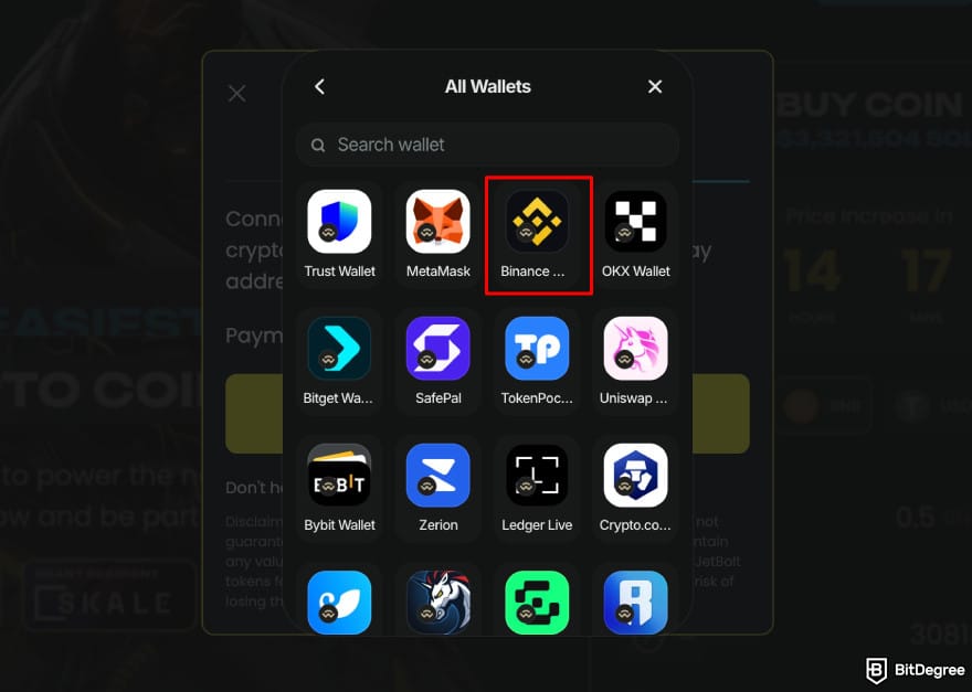 Where to buy JetBolt crypto: connect wallet Binance wallet to JetBolt.