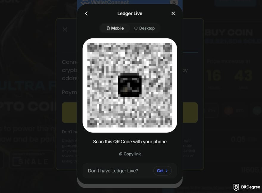 Where to buy JetBolt crypto: Ledger Live QR code.