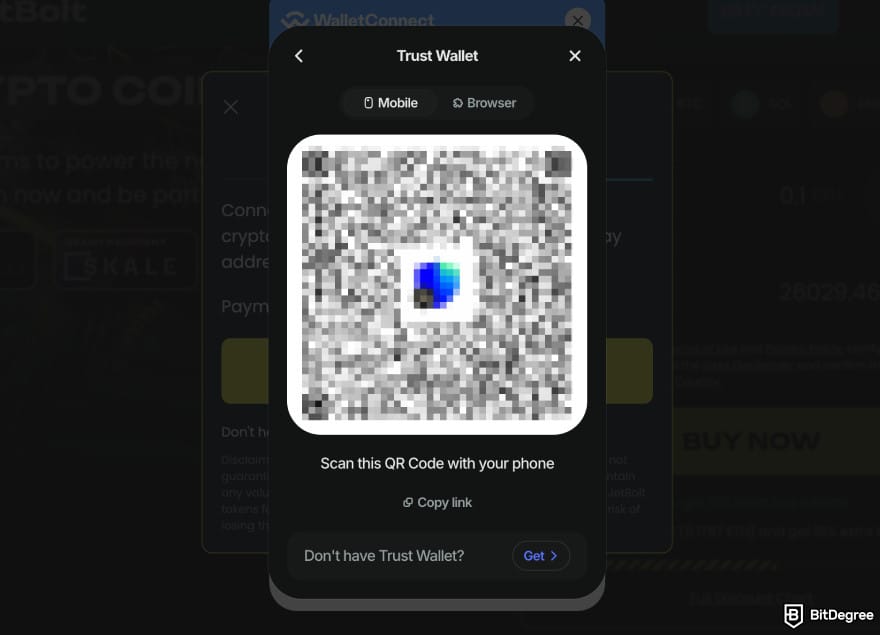 Where to buy JetBolt crypto: Trust Wallet QR code.