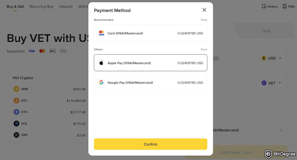 Where to Buy VeChain: available payment methods on Binance.