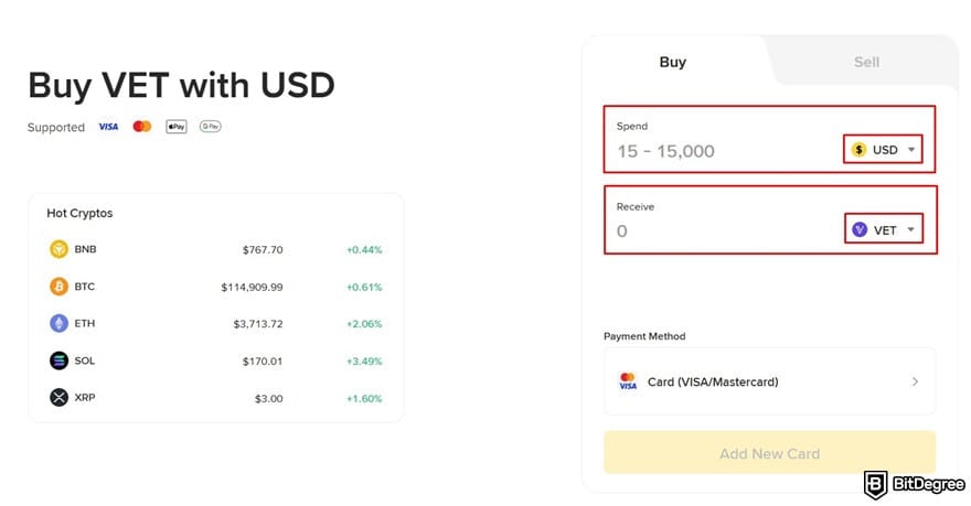 What is VeChain: the [Spend] and [Receive] fields outlined in the Binance's purchasing form.