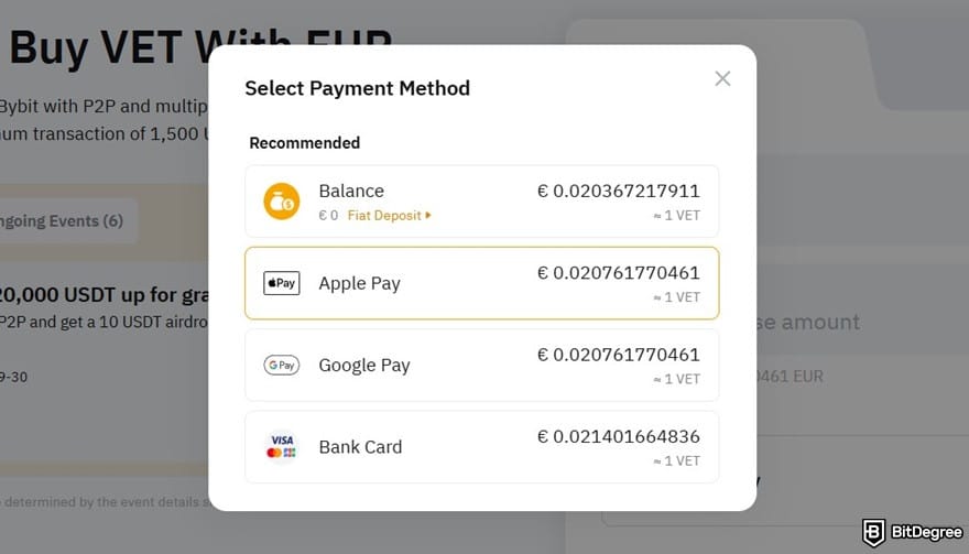 Where to buy VeChain: available payment methods on Bybit.