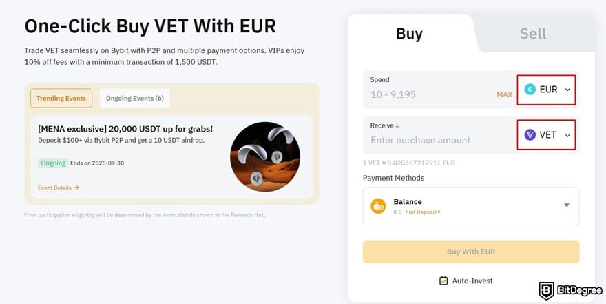 Where to buy VeChain: entering currencies on the Bybit's One-Click Buy page.