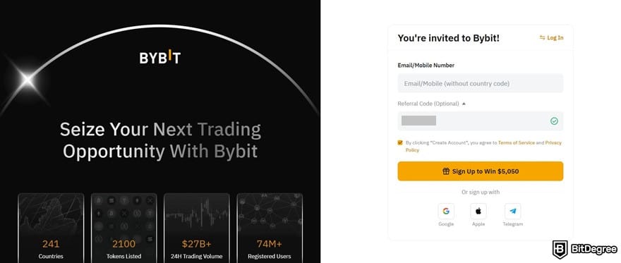 Where to buy VeChain: Bybit's sign-up form.