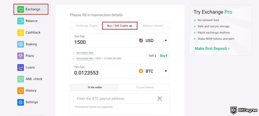Where to buy VeChain: the [Exchange] page showing a purchasing form for the [Buy/Sell Crypto] tab.