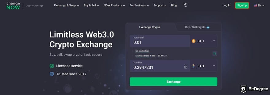 Where to buy VeChain: the [Sign Up] button on ChangeNOW's homepage.