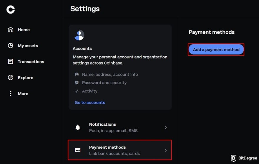 Where to buy VeChain: adding a payment method on Coinbase.