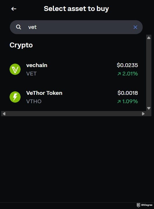 Where to buy VeChain: searching VET on the purchasing form's search bar.