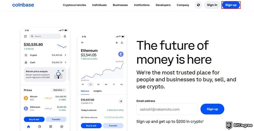 Where to buy VeChain: the sign-up button highlighted on Coinbase's homepage.