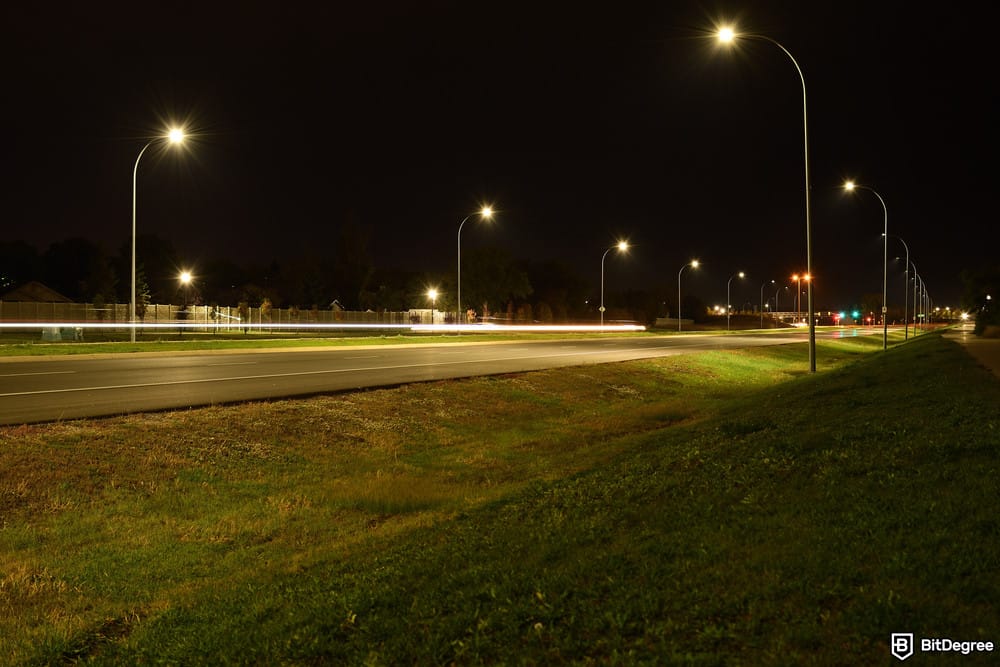 Where to buy VeChain: highway at night with light trails.