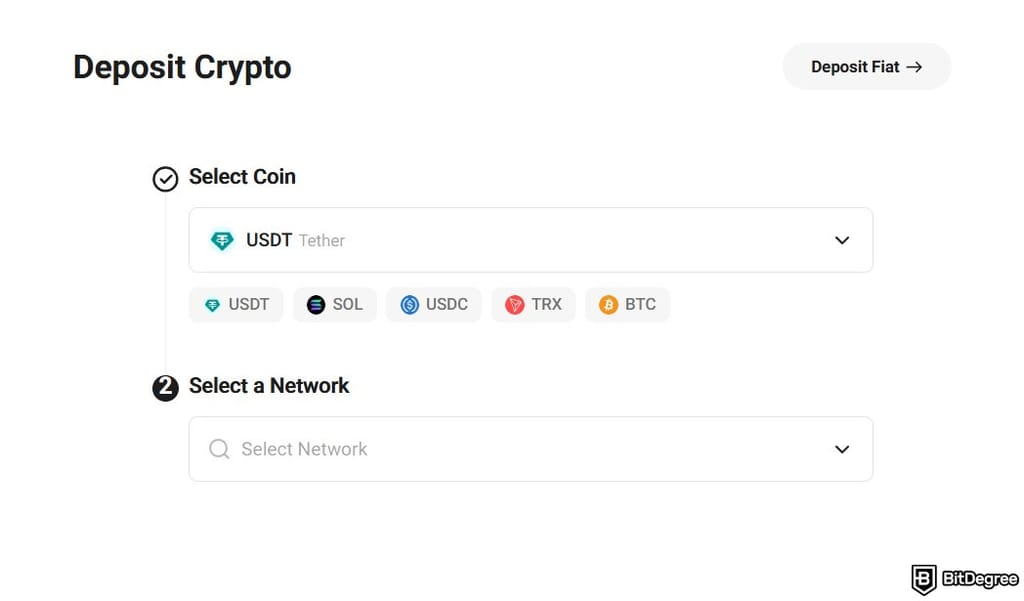 Where to buy VeChain: depositing crypto on KuCoin, showing coin and network selection fields.