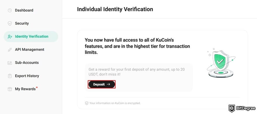 Where to buy VeChain: the [Deposit] button outlined on KuCoin's Identity Verification page.