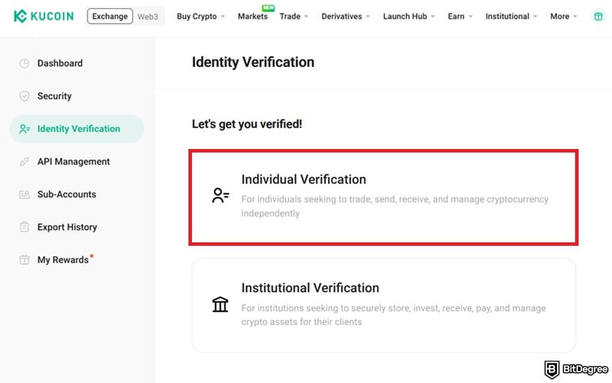Where to buy VeChain: the [Individual Verification] outlined on KuCoin's Identity Verification page.
