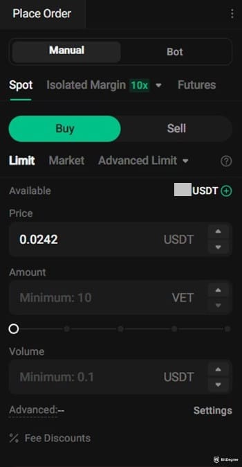 Where to buy VeChain: the order panel on KuCoin's spot trading interface.