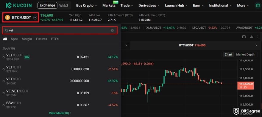 Where to buy VeChain: the VET trading pair selection on KuCoin's spot trading interface.