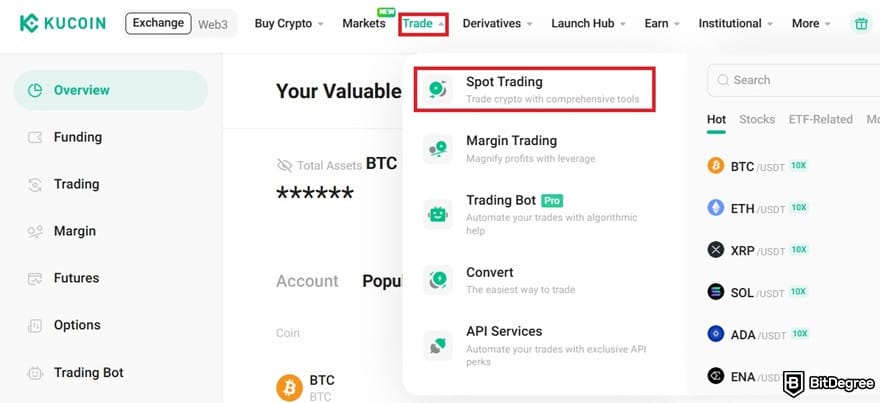 Where to buy VeChain: the [Spot Trading] menu highlighted on KuCoin's website.