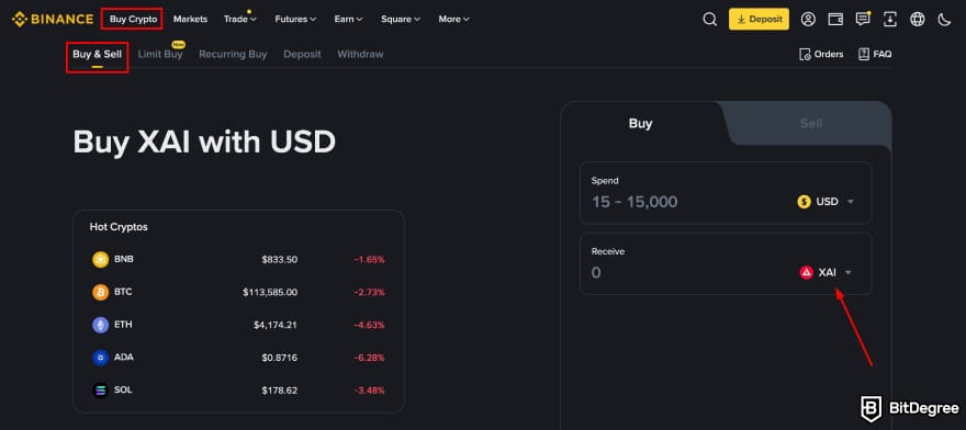 Where to buy Xai crypto: Binance buy XAI with USD page.