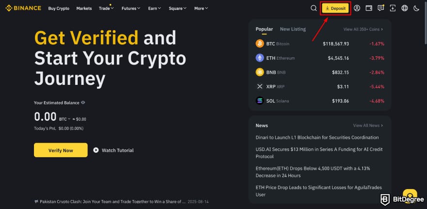 Where to buy Xai crypto: Binance homepage highlighting the [Deposit] option.