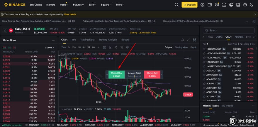 Where to buy Xai crypto: Binance spot trading XAI market buy.