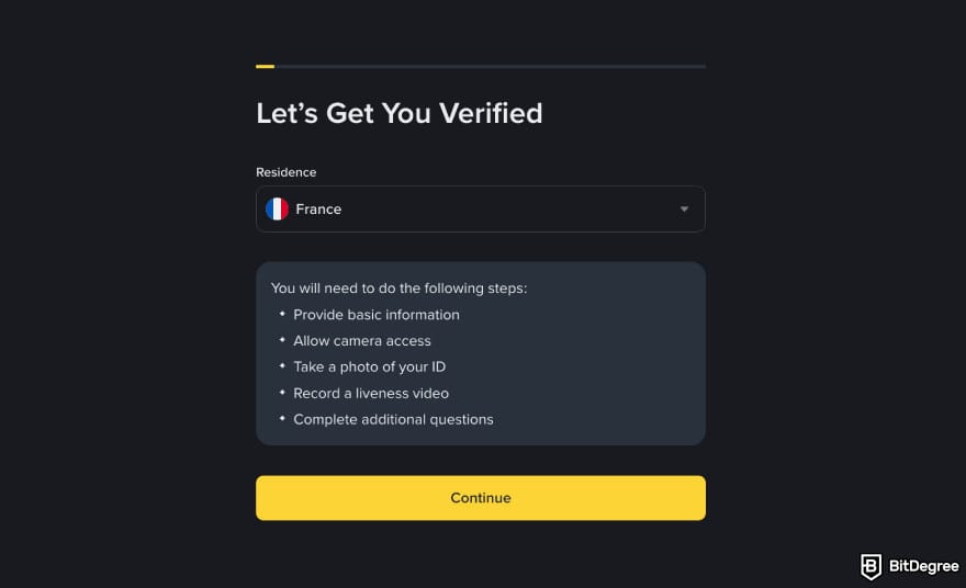 Where to buy Xai crypto: Binance start KYC page.