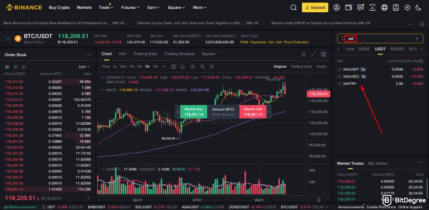 Where to buy Xai crypto: Binance XAI spot trade search results.
