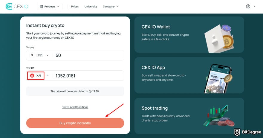 Where to buy Xai crypto: CEX.IO buy crypto page trading USD with XAI.