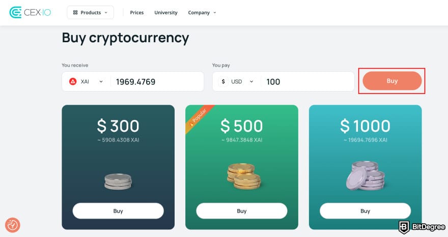 Where to buy Xai crypto: CEX.IO buy XAI crypto page.