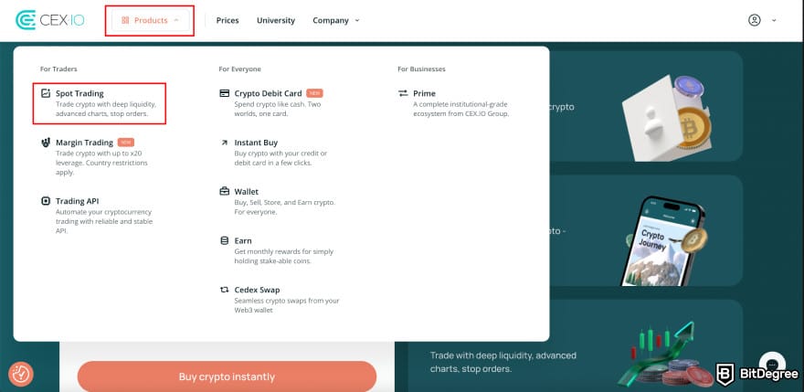 Where to buy Xai crypto: CEX.IO homepage highlighting the spot trading page.