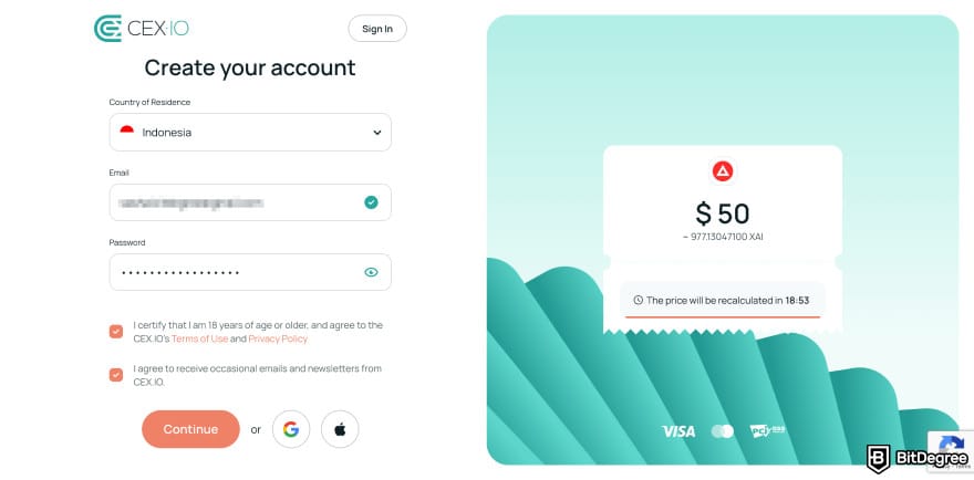 Where to buy Xai crypto: CEX.IO sign up page.