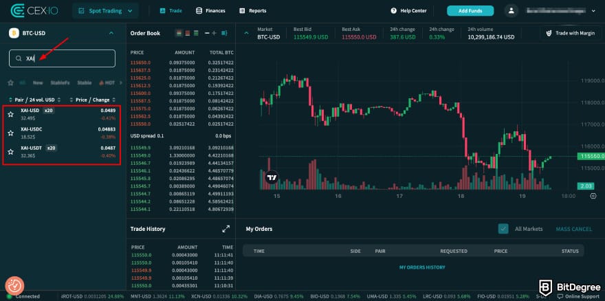 Where to buy Xai crypto: CEX.IO spot trading page XAI pairing.