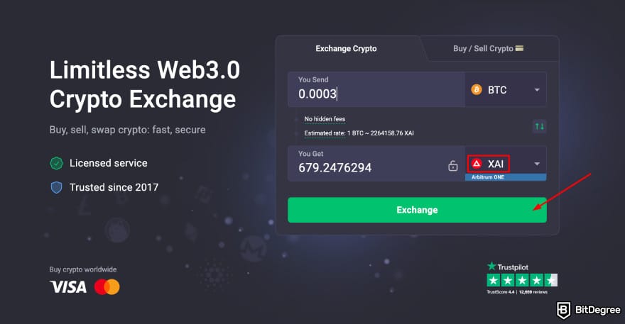 Where to buy Xai crypto: ChangeNOW exchange BTC to XAI page.