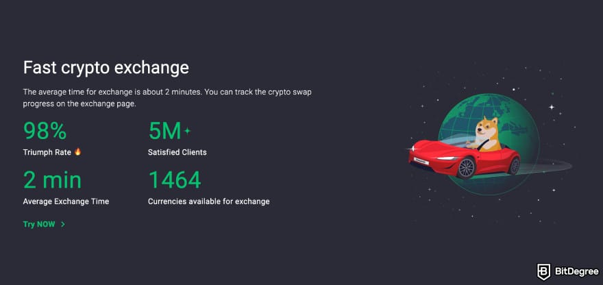 Where to buy Xai crypto: ChangeNOW homepage showing stats on average crypto exchange time.