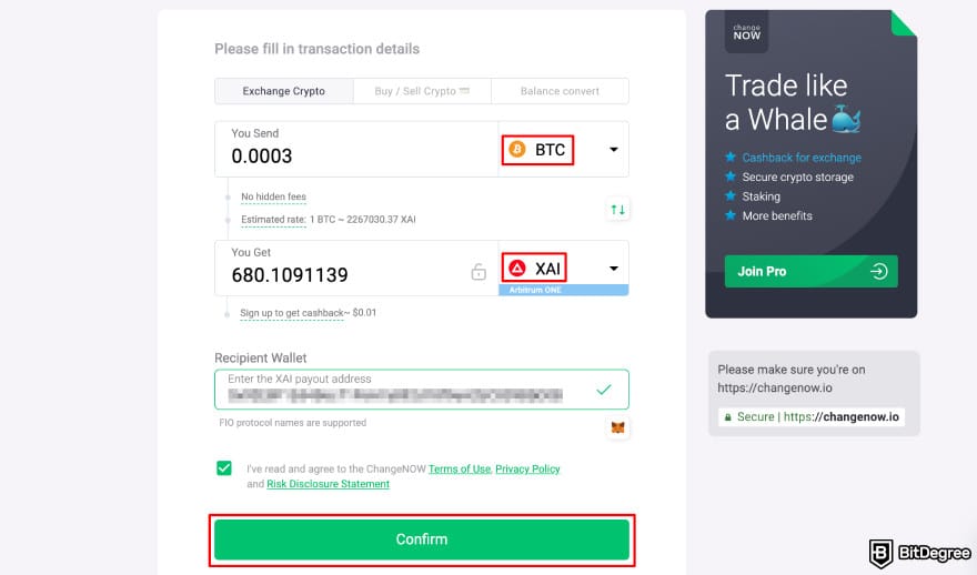 Where to buy Xai crypto: ChangeNOW transaction details page.