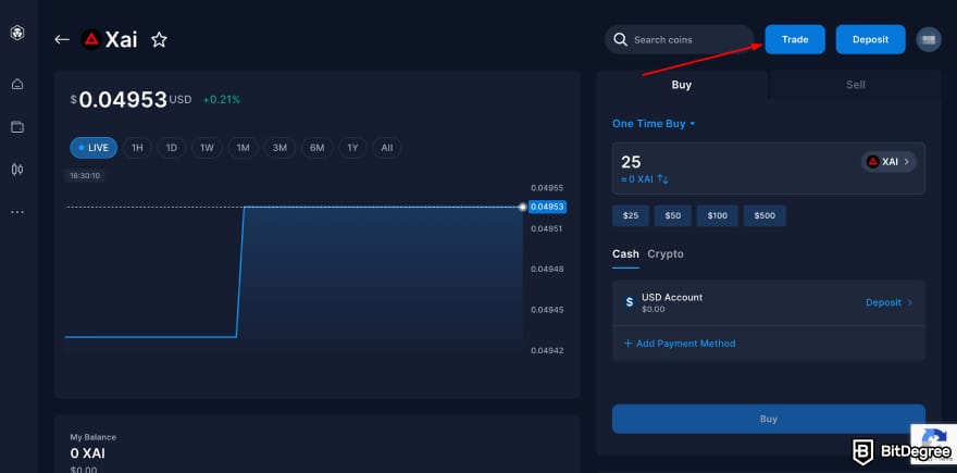 Where to buy Xai crypto: Crypto.com buy XAI page [Trade] button.