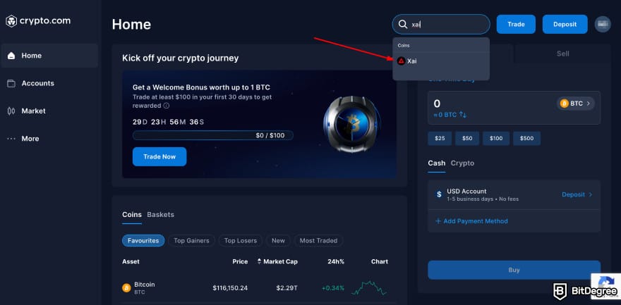 Where to buy Xai crypto: Crypto.com dashboard search XAI.