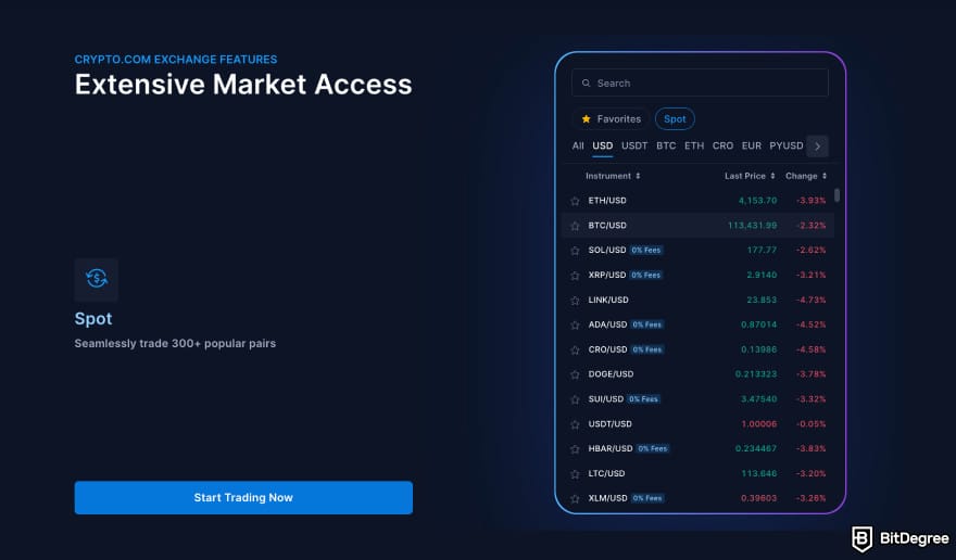 Where to buy Xai crypto: Crypto.com homepage with a [Start Trading Now] button.
