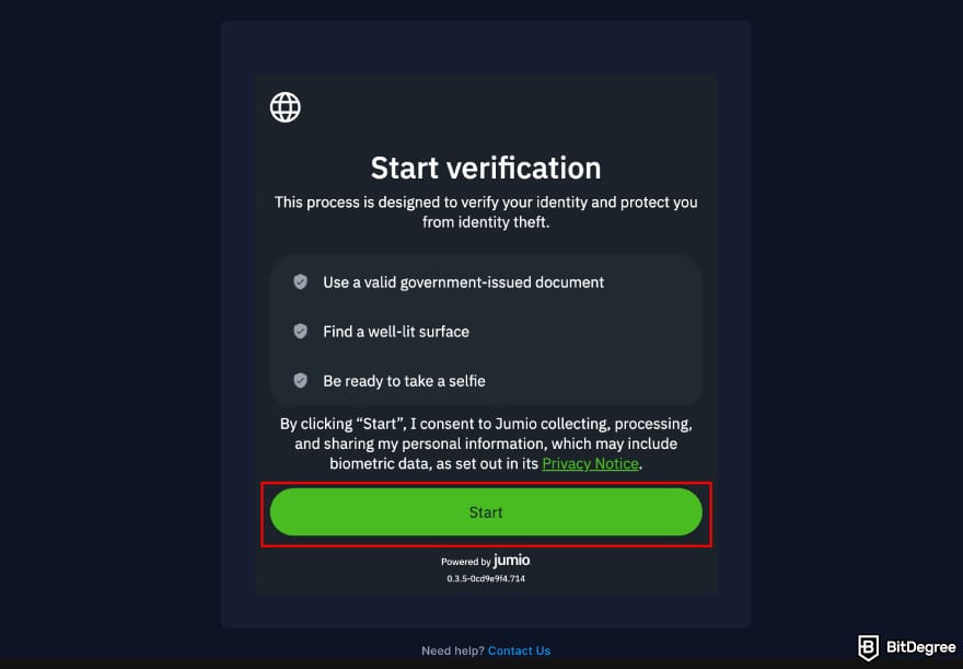 Where to buy Xai crypto: Crypto.com KYC process showing the start verification page.
