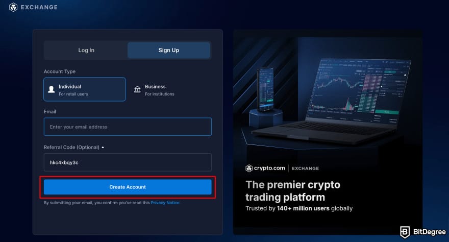 Where to buy Xai crypto: Crypto.com sign up page.