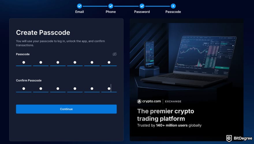 Where to buy Xai crypto: Crypto.com sign up create passcode page.