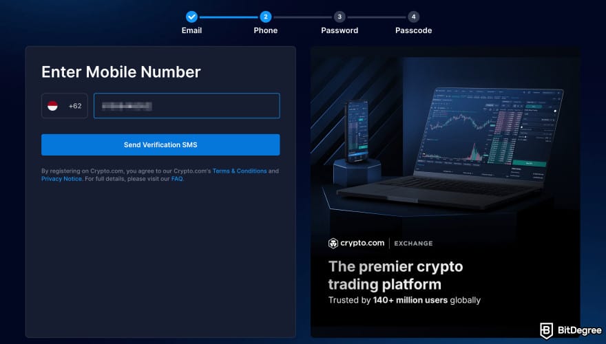 Where to buy Xai crypto: Crypto.com sign up phone verification page.