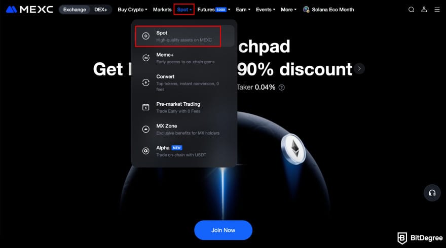Where to buy Xai crypto: MEXC spot page highlighting the [Spot] option.