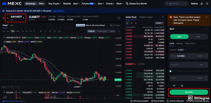 Where to buy Xai crypto: MEXC spot trade page to buy XAI highlighting the XAI/USDT trading pair.