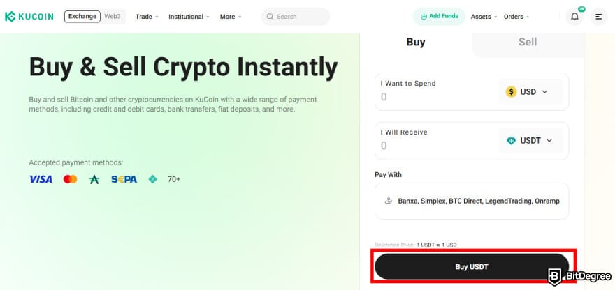 Where to buy XDC: [Buy USDT] button on KuCoin Fast Trade feature.