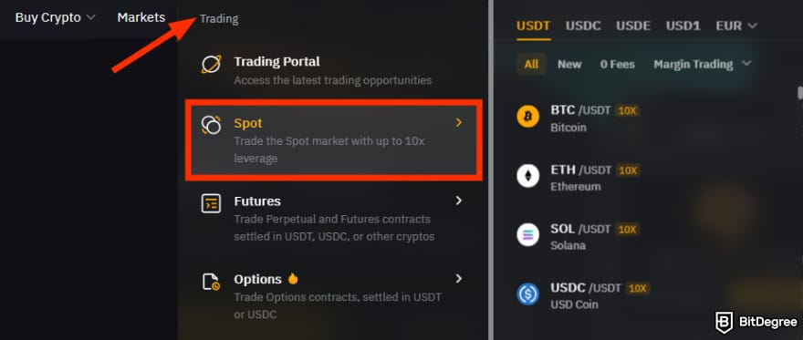Where to buy XDC: Bybit spot trading menu.