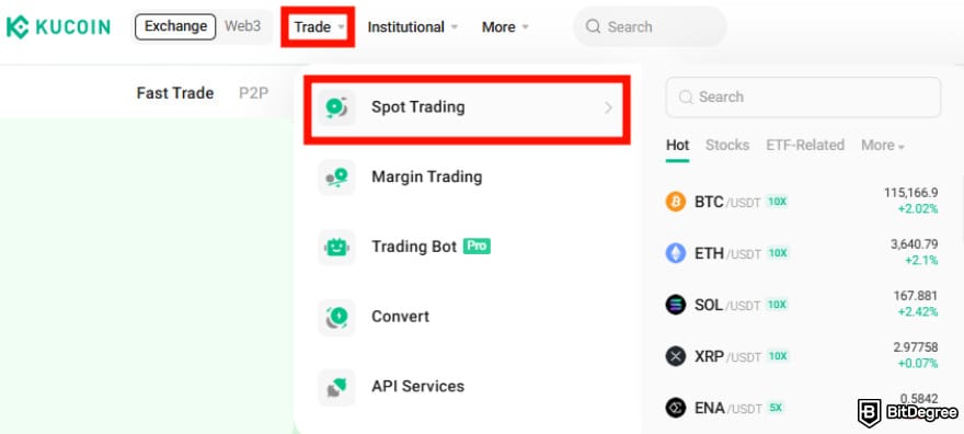 Where to buy XDC: KuCoin spot trading menu.