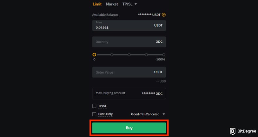 Where to buy XDC: limit order on Bybit.