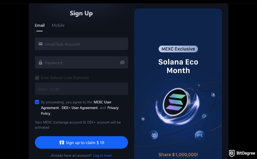 Where to buy XDC: MEXC sign up page.
