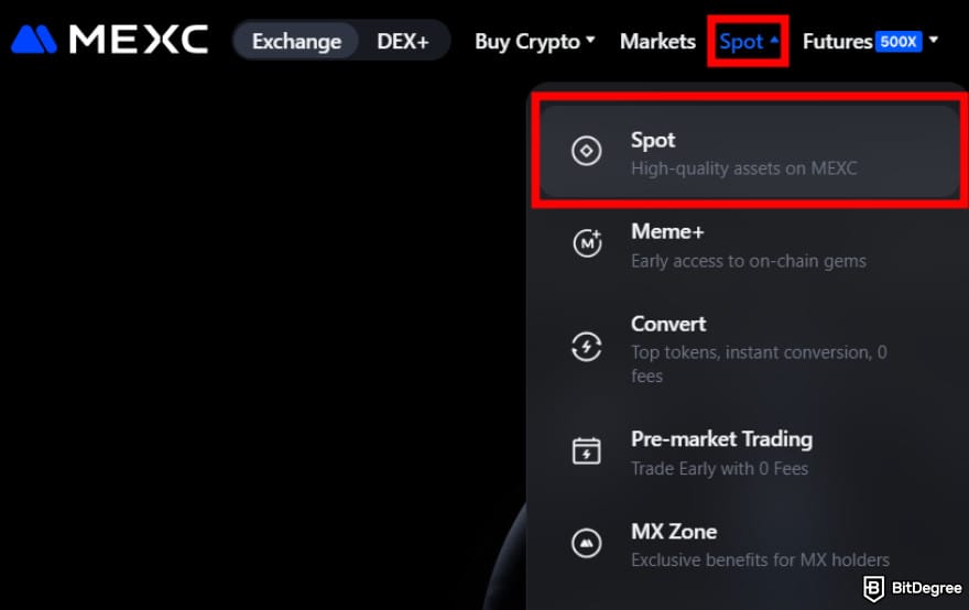 Where to buy XDC: MEXC spot trading menu.